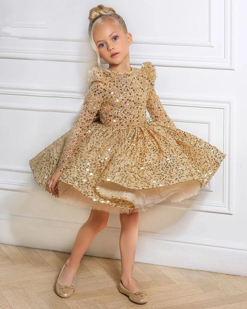 long sleeve sequin dress short Kids Long Sleeve Sequin Short Party Dress TXD016