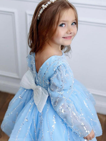 Kids Light Blue Long Sleeve Sequin Party Dress TXD018