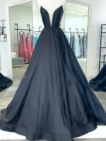 Trendy Black Junior V Neck Satin Prom Dress SREAL041