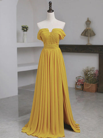 Trendy A-line Off the Shoulder Yellow Chiffon Prom Gown SREAL047