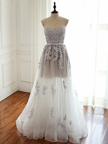 Trendy A-line Sweetheart Gray Lace Prom Gown SREAL066