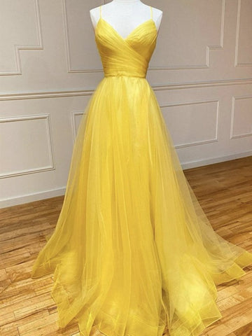 Trendy Princess V Neck Yellow Long Prom Gown SREAL069