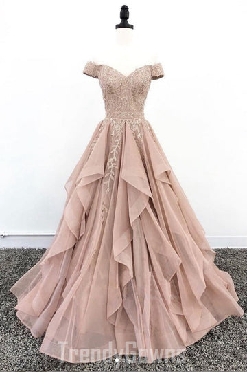 Trendy Off the Shoulder Dusty Pink Junior Lace Prom Gown SREAL073