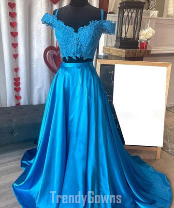 Trendy Off the Shoulder Junior 2 Pieces Blue Lace Prom Gown SREAL074