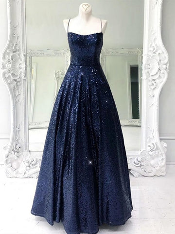 Trendy Sequins Straps Navy Blue Long Prom Formal Gown SREAL076