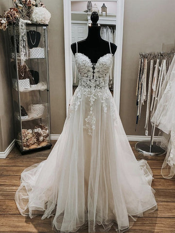 Trendy V Neck Light Gray Lace Princess Wedding Dress SREAL078