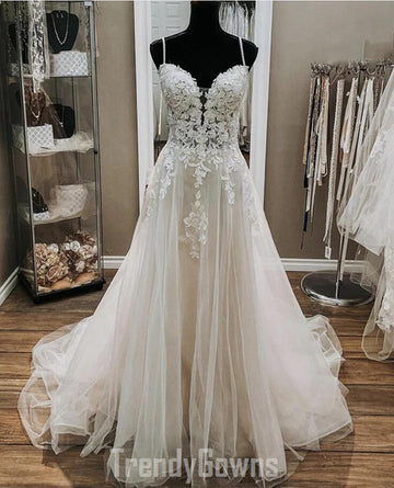 Trendy V Neck Light Gray Lace Princess Wedding Dress SREAL078
