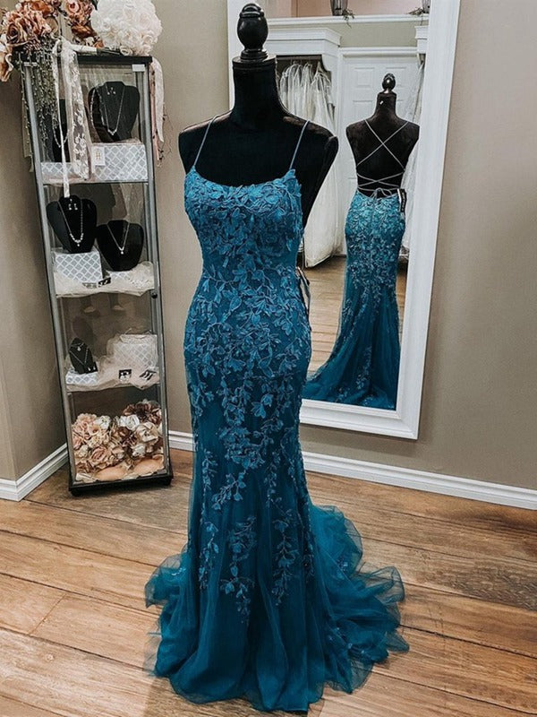 ink blue prom dress Trendy Ink Blue Straps Mermaid Lace Prom Gown SREAL081