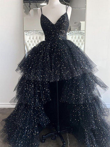 Trendy Black V Neck Shine Junior Prom Gown SREAL082