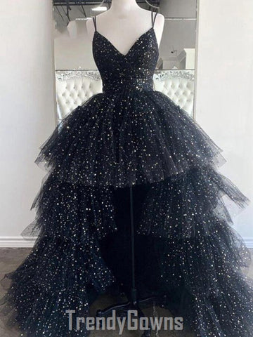 Trendy Black V Neck Shine Junior Prom Gown SREAL082