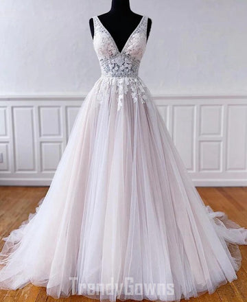 Trendy V Neck Light Pink Junior Princess Lace Prom Gown SREAL086