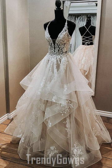 Trendy Champagne Lace Junior Formal Prom Gown SREAL089