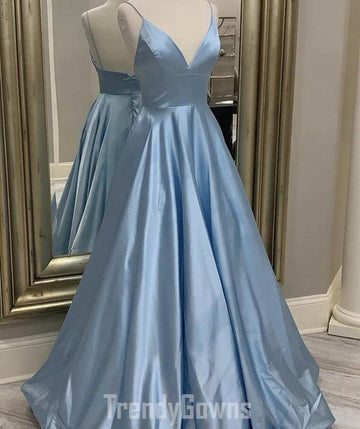 Trendy Blue A-line V Neck Straps Satin Junior Prom Gown SREAL091
