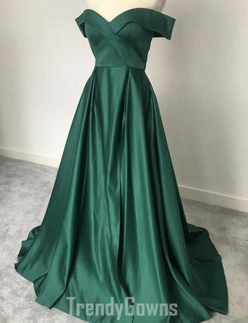 Trendy Off the Shoulder Junior Dark Green Satin Prom Gown SREAL097