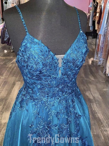 Trendy A-Line Dark Blue Junior V Neck Long Lace Prom Gown SREAL101