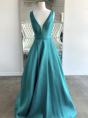Trendy A-line V Neck Green Satin Junior Long Prom Gown SREAL104