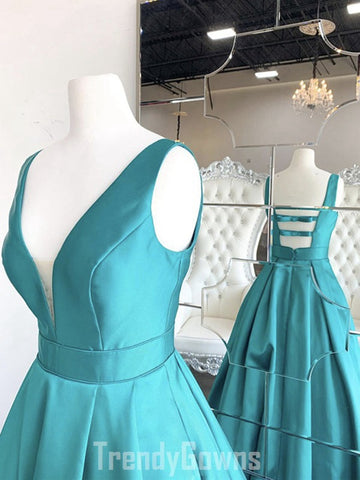 Trendy A-line V Neck Green Satin Junior Long Prom Gown SREAL104