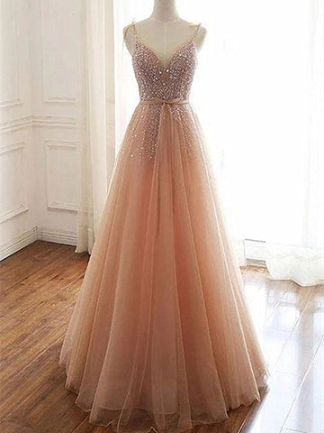Trendy V Neck Champagne Tulle A-line Prom Gown SREAL107