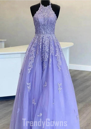 Trendy Halter Neck Purple Junior Long Lace Prom Gown SREAL110
