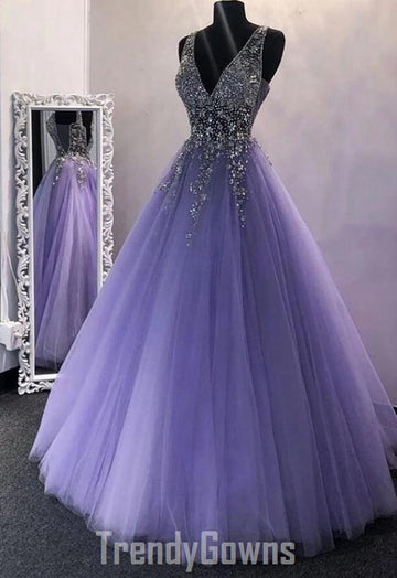 Trendy Princess Junior Purple Beaded Long Prom Gown SREAL118