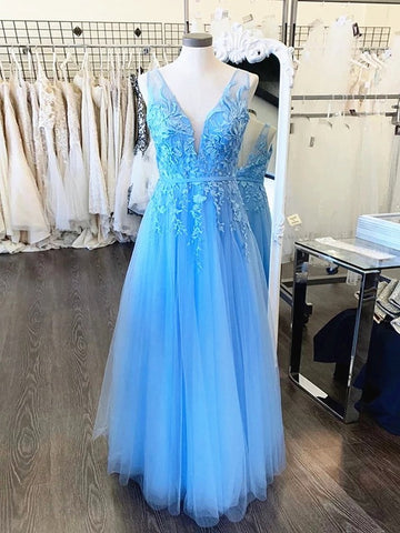 Trendy A-line Junior V Neck Light Blue Lace Prom Gown SREAL122