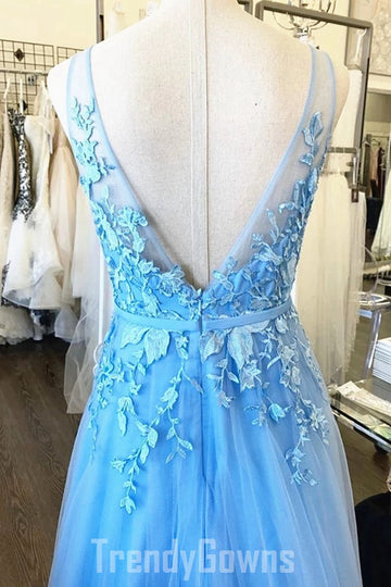 Trendy A-line Junior V Neck Light Blue Lace Prom Gown SREAL122