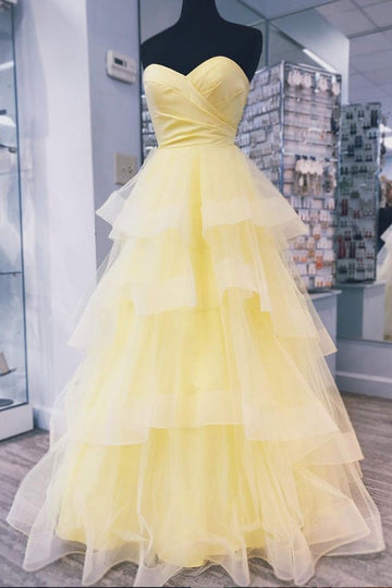 Trendy Yellow Layers Formal Graduation Prom Gown SREAL124