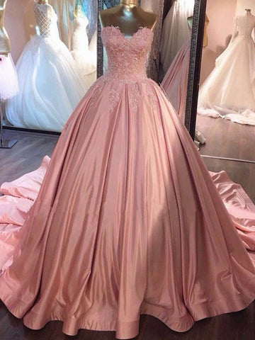 Trendy Sweetheart Pink Lace Ball Gown Prom Gown SREAL131