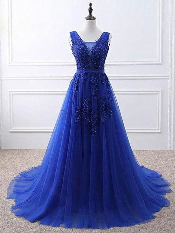 princess royal blue prom dresses Luxury Princess Royal Blue Flower Royal Blue evening dress 2022 with V-Neck, Floral Off-Shoulder Design, Side Split, Tulle Fabric, and Vintage A-Line