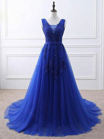 Trendy Princess Royal Blue Lace Beading Formal Gown SREAL134