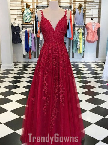 Trendy Princess Junior Straps V Neck Burgundy Lace Prom Gown SREAL135