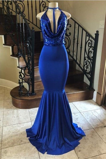 Trendy Halter Royal Blue Mermaid Prom Gown SREAL136