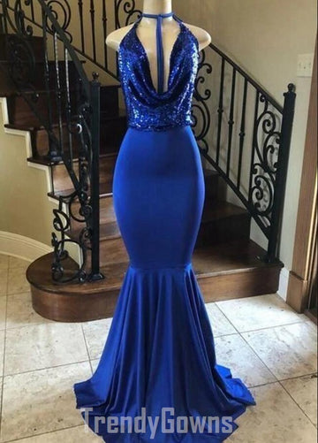 Trendy Halter Royal Blue Mermaid Prom Gown SREAL136