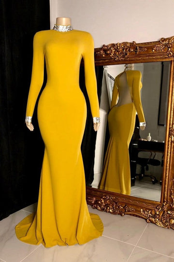 Trendy Yellow Long Sleeve Open Back Mermaid Prom Gown SREAL137