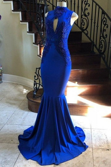 Trendy Royal Blue High Neck Keyhole Appliques Mermaid Prom Gown SREAL138