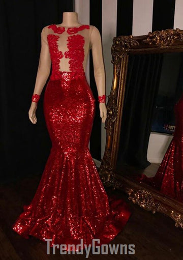 Trendy Red Long Sleeves Sequins Mermaid Sheer Prom Gown SREAL139