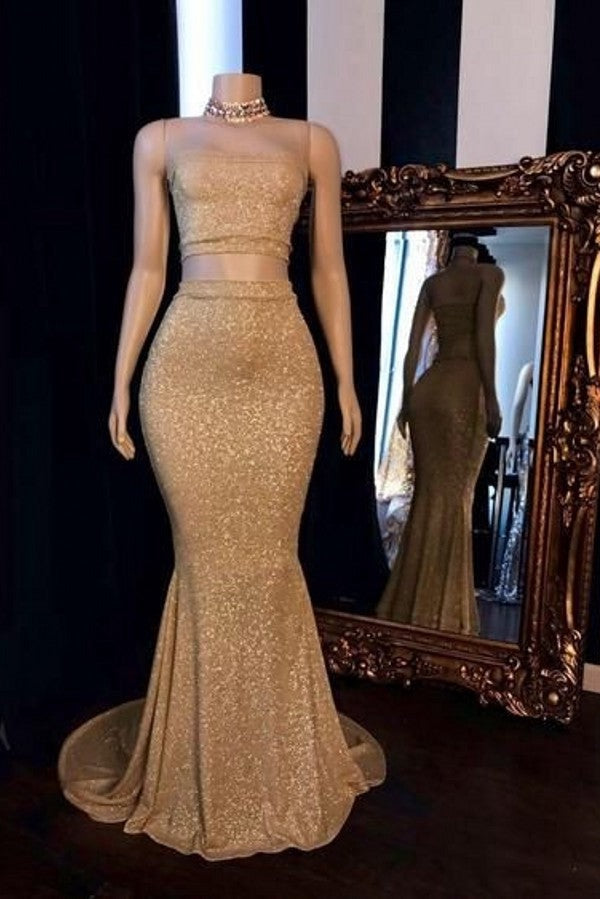 Trendy Champagne Sequins Two Piece Long Mermaid Prom Gown SREAL140 Trendy Champagne Sequins Two Piece Long Mermaid Prom Gown SREAL140