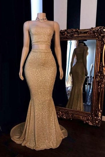 Trendy Champagne Sequins Two Piece Long Mermaid Prom Gown SREAL140