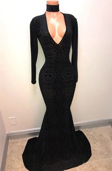 Trendy Black Lace Sexy Deep V Neck Mermaid Long-sleeve Prom Gowns SREAL141