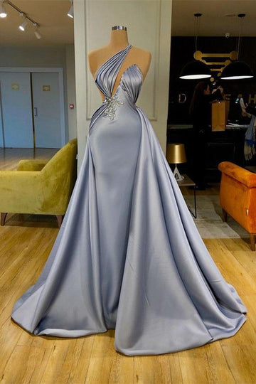 Trendy Halter Silver Beadings Long Prom Gown SREAL147