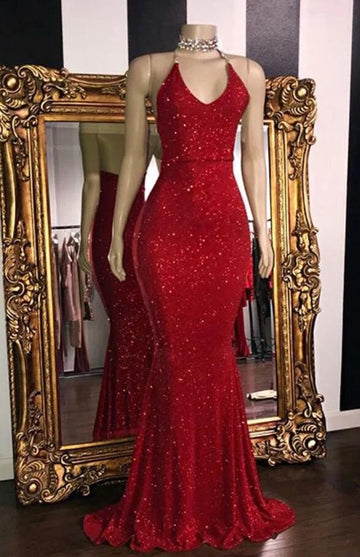 Trendy Red Mermaid V neck Halter Prom Gown SREAL148