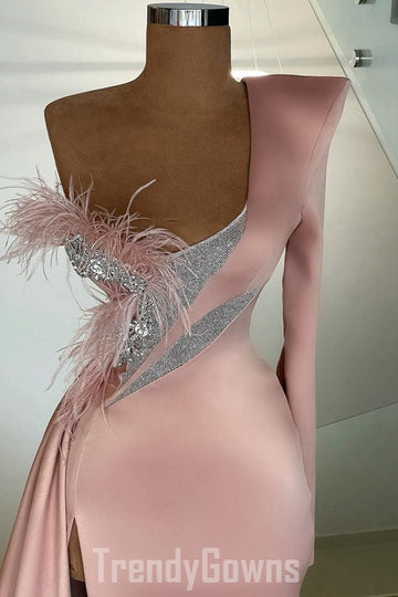 Trendy Pink Long Sleeve One Shoulder Mermaid Prom Gown SREAL154