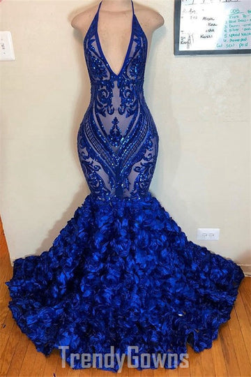 Trendy Royal Blue V neck Halter Sequins Pattern Floral Prom Gown SREAL175