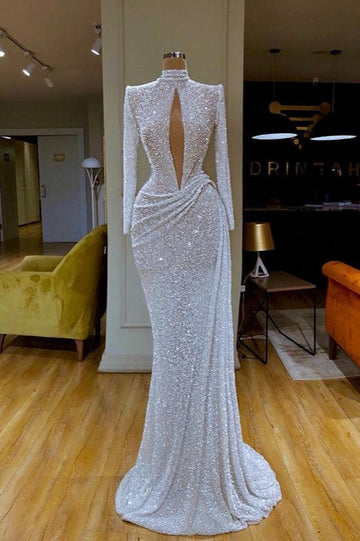 Trendy White Mermaid Long Sleeve High Neck Sequins Prom Gown SREAL183