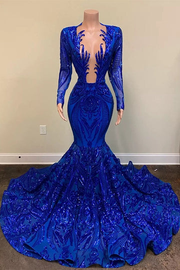 Trendy Sparkle Royal Blue Sequin Long Sleeves Mermaid Prom Gown SREAL188