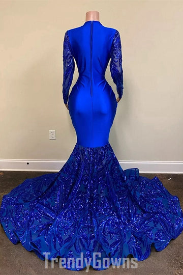 Trendy Sparkle Royal Blue Sequin Long Sleeves Mermaid Prom Gown SREAL188