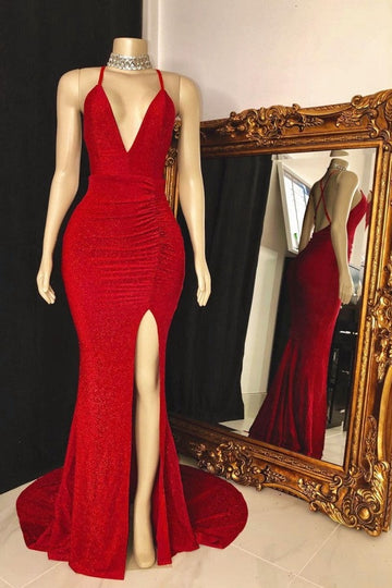 Trendy V neck Red Long Mermaid Prom Gown SREAL190