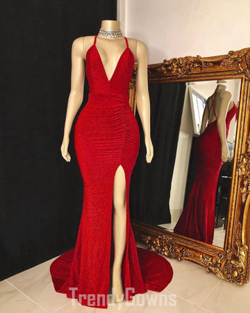 Trendy V neck Red Long Mermaid Prom Gown SREAL190