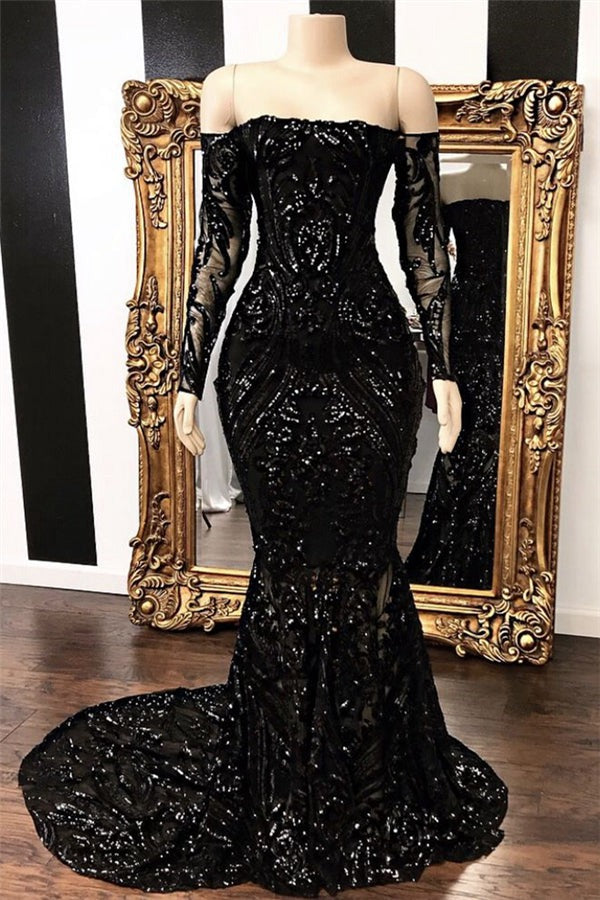 Trendy Black Long Sleeve Off-the-shoulder Mermaid Prom Gown SREAL191 Trendy Black Long Sleeve Off-the-shoulder Mermaid Prom Gown SREAL191