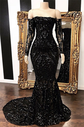 Trendy Black Long Sleeve Off-the-shoulder Mermaid Prom Gown SREAL191